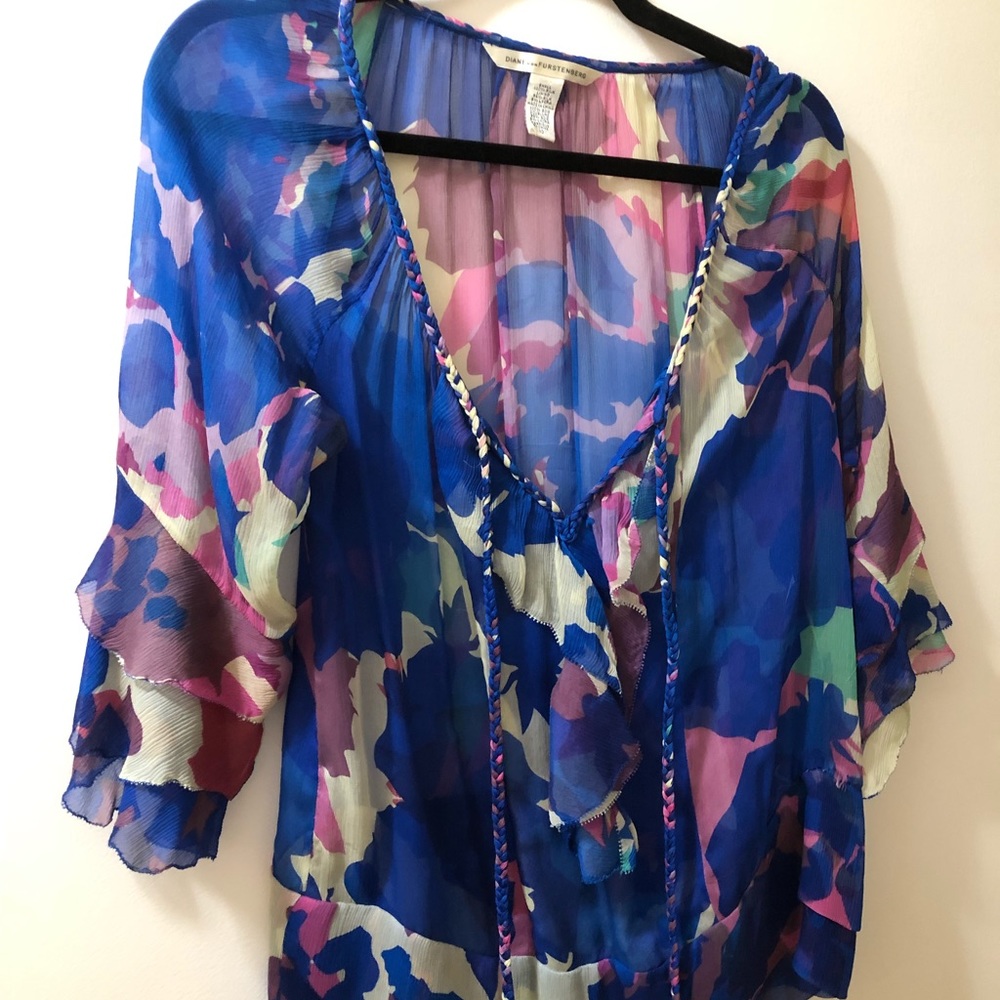 DVF sheer ruffled silk top with braid detailing